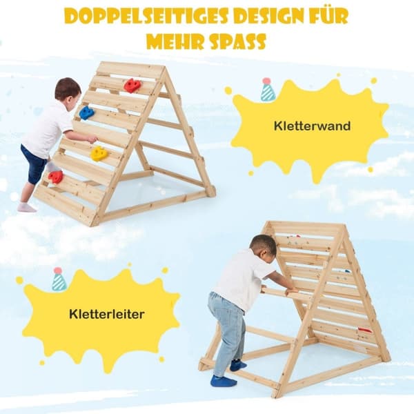 Dobbeltsidig klatretrekant klatreleketøy med klatrestein og klatrestiger 112 x 70 x 96 cm naturlig