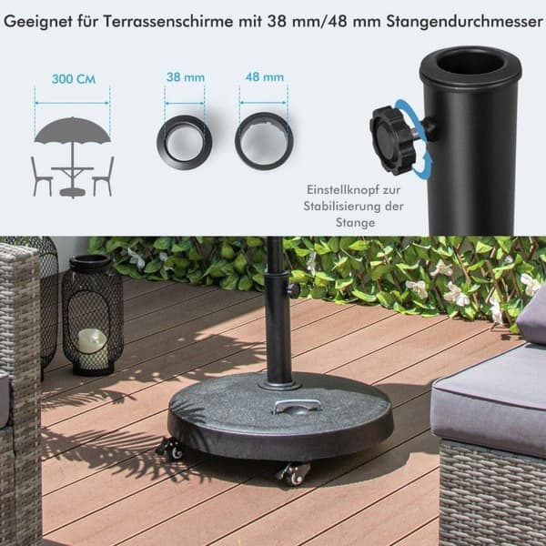 23 kg sateenvarjoteline pyörillä ja kahvoilla sateenvarjoteline sateenvarjotauvoille 38/48 mm Ø52 cm market sateenvarjoteline