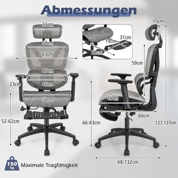 Ergonomisk kontorstol med udtrækkelig fodstøtte og justerbar nakkestøtte Computerstol