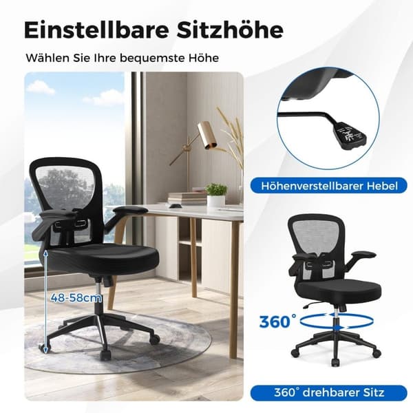 Ergonominen työtuoli, jossa taitettavat käsinojat ja säädettävä ristiseläntuki ja keinutoiminto
