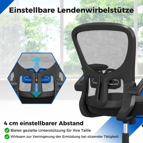 Ergonominen työtuoli, jossa taitettavat käsinojat ja säädettävä ristiseläntuki ja keinutoiminto