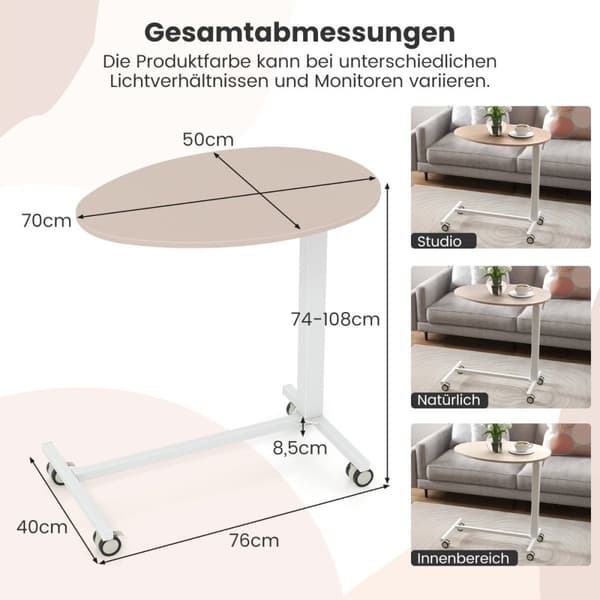 Höjdjusterbart sidobord med hjul Mobilt laptopbord 74-108 cm rosa + vit statisk belastning upp till 75 kg