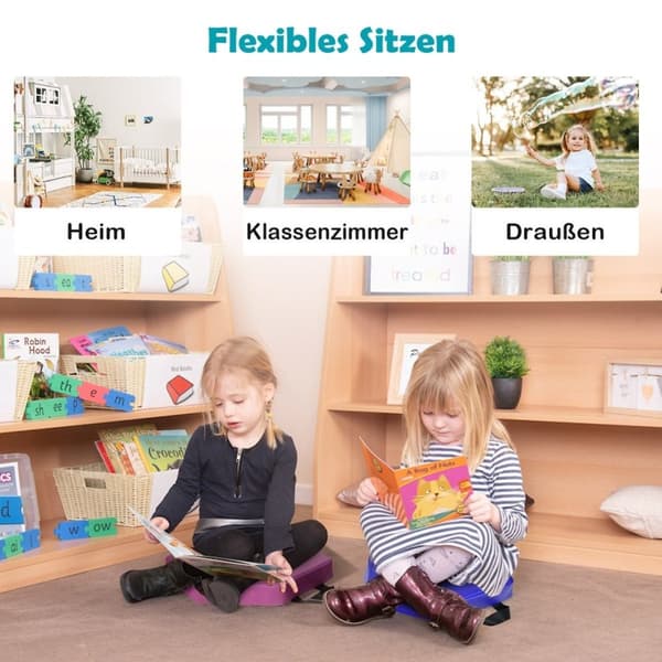 Sett med 6 barnestolputer med håndtak og glidelås, setepute, beltestol, hovedpute, fargerik