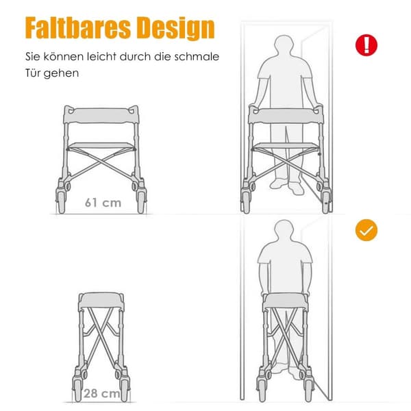 Rollator, sammenleggbar reiserollator, lett med sete, høydejusterbart håndtak og bag, sort