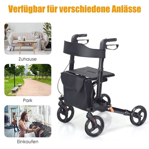 Rollator, sammenleggbar reiserollator, lett med sete, høydejusterbart håndtak og bag, sort