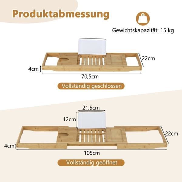 Bambus badebrett uttrekkbar badehylle med justerbart bokstativ 70,5-105 x 22 x 4 cm naturlig