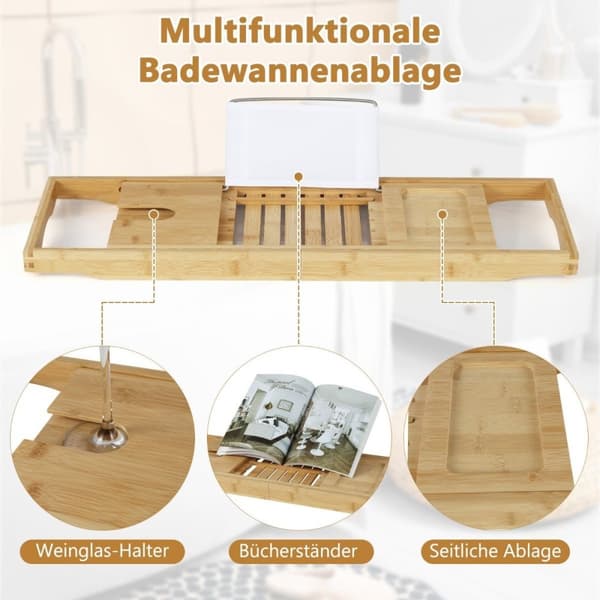 Bambus badebrett uttrekkbar badehylle med justerbart bokstativ 70,5-105 x 22 x 4 cm naturlig