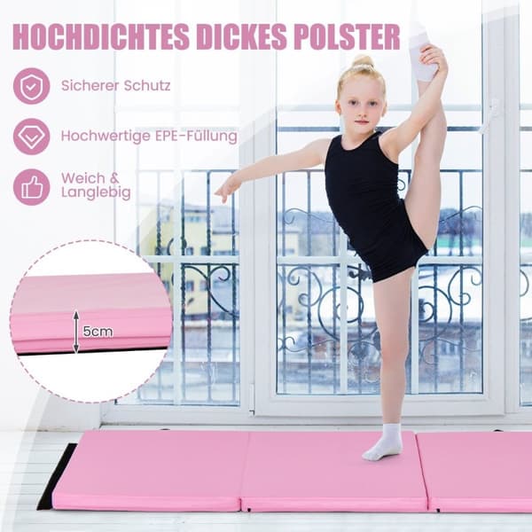 Vikbar mjuk golvmatta med 2 handtag halkfri gymnastikmatta 180 x 60 x 5 cm rosa