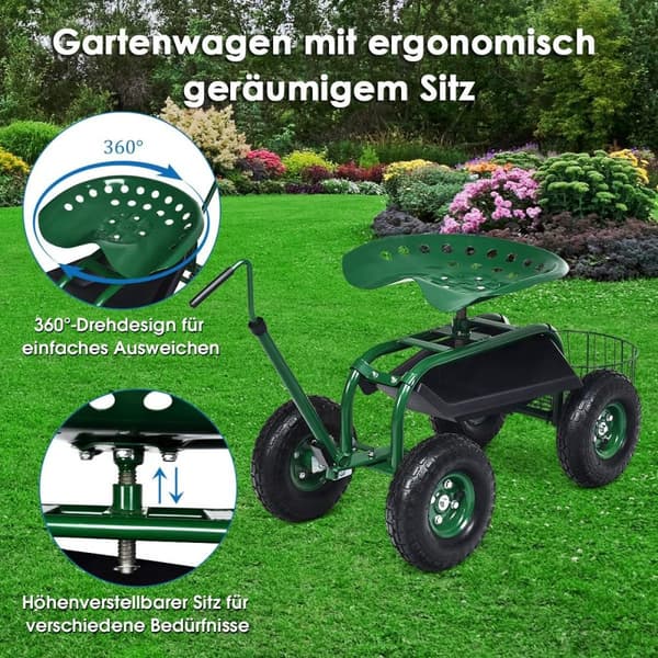Rullende sete med hjul &amp; Uttrekkbart håndtak &amp; Kurv 360° roterende hagevogn hagesete 96,5 x 47,5 x 47-55 cm