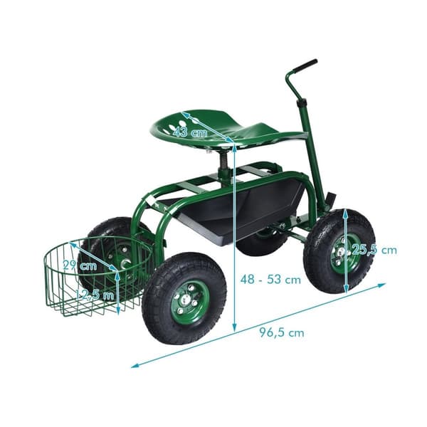Rullende sete med hjul &amp; Uttrekkbart håndtak &amp; Kurv 360° roterende hagevogn hagesete 96,5 x 47,5 x 47-55 cm