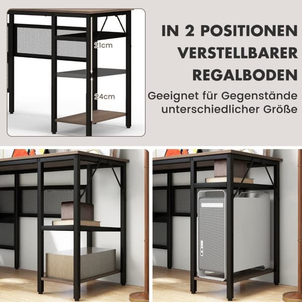 L-formet skrivebord med ladestation vendbart hjørnebord med meshhylder og CPU-stativ