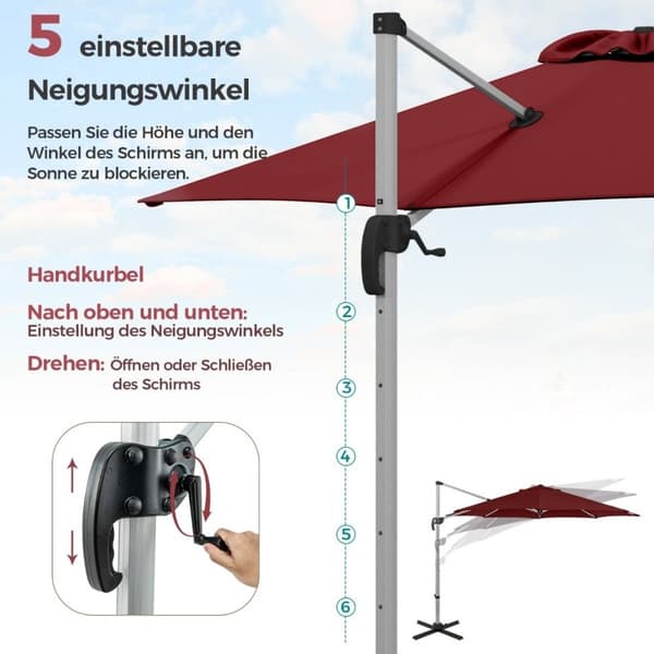 Ø 330 cm päivänvarjo kammen kanssa &amp; UPF 50+ &amp; 360° pyörivä uloke sateenvarjo puutarha sateenvarjo punainen