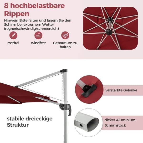 Ø 330 cm päivänvarjo kammen kanssa &amp; UPF 50+ &amp; 360° pyörivä uloke sateenvarjo puutarha sateenvarjo punainen