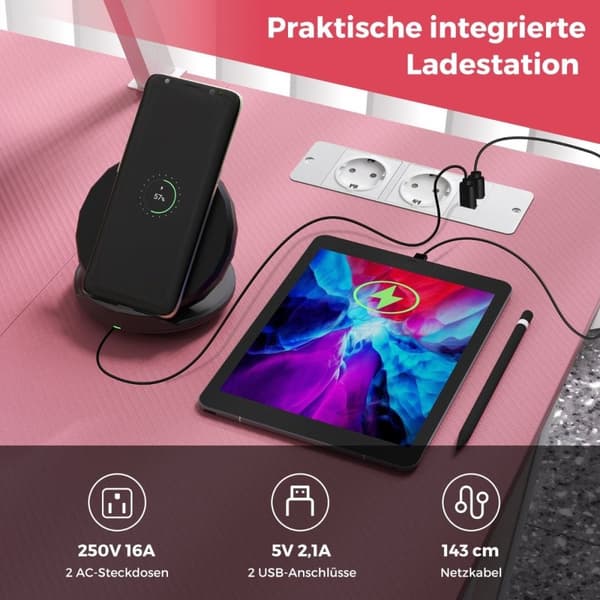 L-formet spillpult med strømuttak &amp; USB-porter med skjermhylle datamaskinbord - rosa