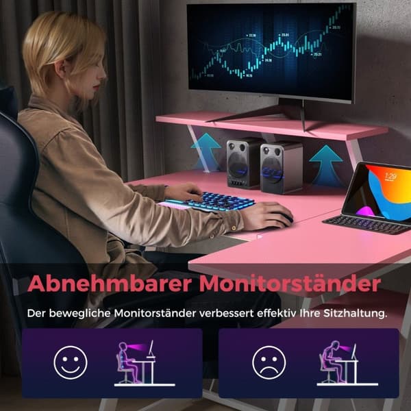 L-formet spillpult med strømuttak &amp; USB-porter med skjermhylle datamaskinbord - rosa