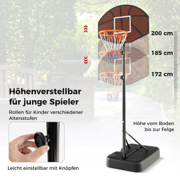 Basketballbøyle utendørs basketballstativ 172-200cm høydejusterbart basketballsystem svart