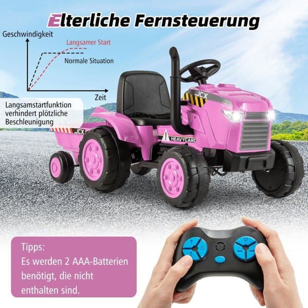 2 i 1 elektriske børnetraktorer med trailer &amp; Fjernbetjening elektrisk legetøjsbil Pink