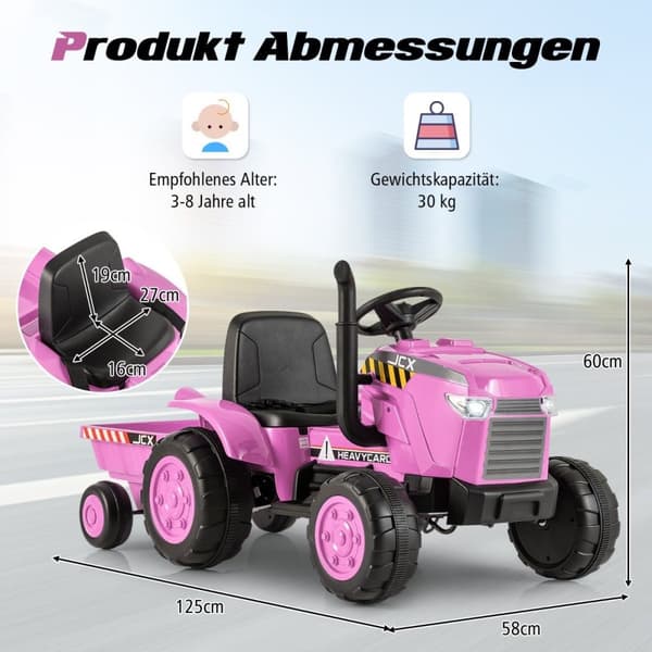 2 i 1 elektriske børnetraktorer med trailer &amp; Fjernbetjening elektrisk legetøjsbil Pink