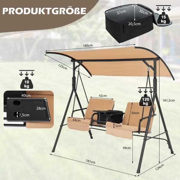 Hollywood gunga med kylväska 2-sits trädgårdsgunga med justerbart tak brun 180 x 124 x 161,5 cm