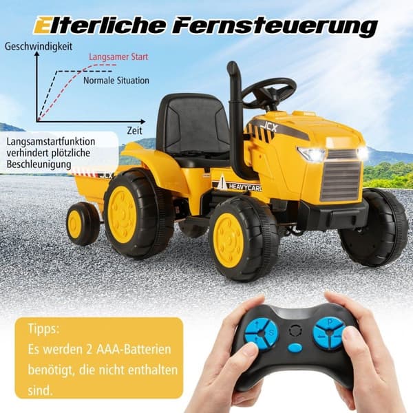 2 i 1 elektrisk traktor för barn med släp &amp; Fjärrkontroll Elleksaksbil-Gul