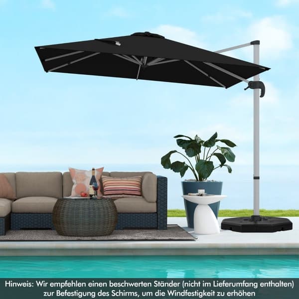 Rektangulær parasoll 300 x 300 cm stor utkraget parasoll med sveiv sort