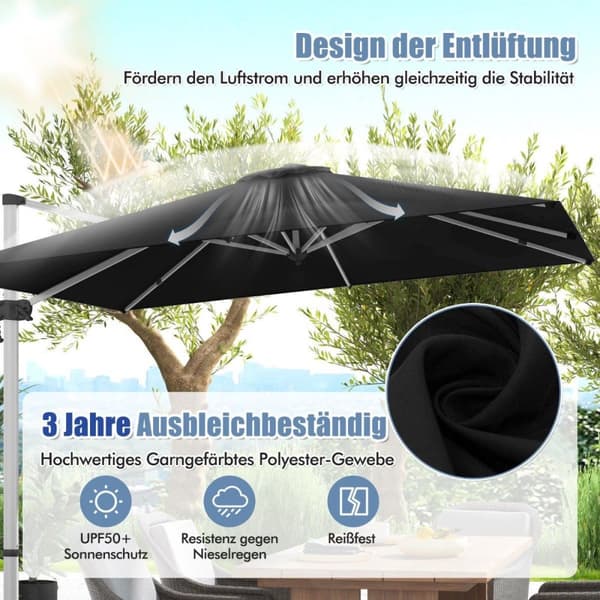 Rektangulær parasoll 300 x 300 cm stor utkraget parasoll med sveiv sort