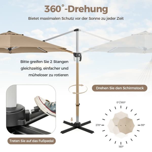 Ø 330 cm päivänvarjo kammen kanssa &amp; UPF 50+ &amp; 360° pyörivä ulokevarjo puutarhan sateenvarjo beige