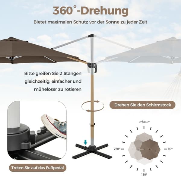 Ø 330 cm päivänvarjo kammen kanssa &amp; UPF 50+ &amp; 360° pyörivä ulokevarjo puutarhasateenvarjo ruskea