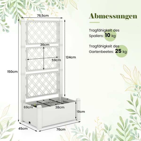 Høybed med espalier, 3 nivåer høydejusterbar, blomsterkasse med espalier 76 x 45 x 150 cm hvit