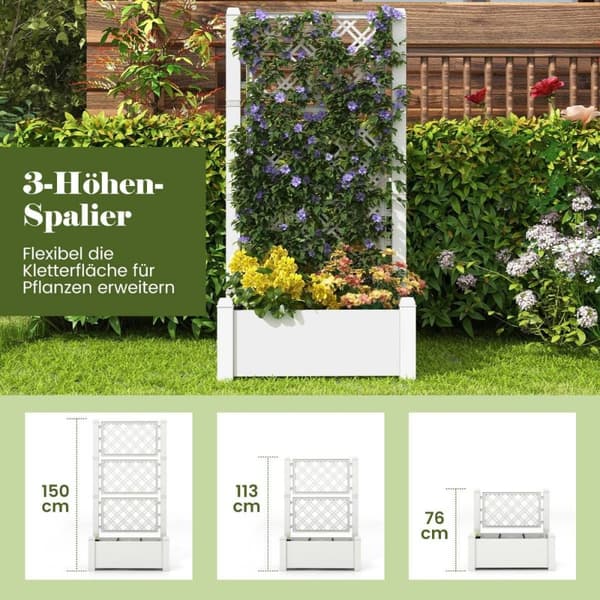 Høybed med espalier, 3 nivåer høydejusterbar, blomsterkasse med espalier 76 x 45 x 150 cm hvit