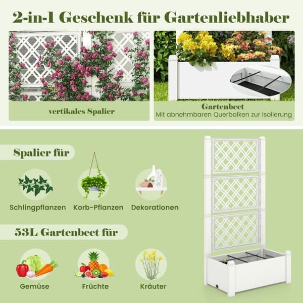 Høybed med espalier, 3 nivåer høydejusterbar, blomsterkasse med espalier 76 x 45 x 150 cm hvit