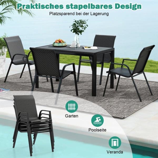 Sett med 4 stabelbare hagestoler laget av PE-rotting med armlener stablestoler 66 x 51 x 84 cm