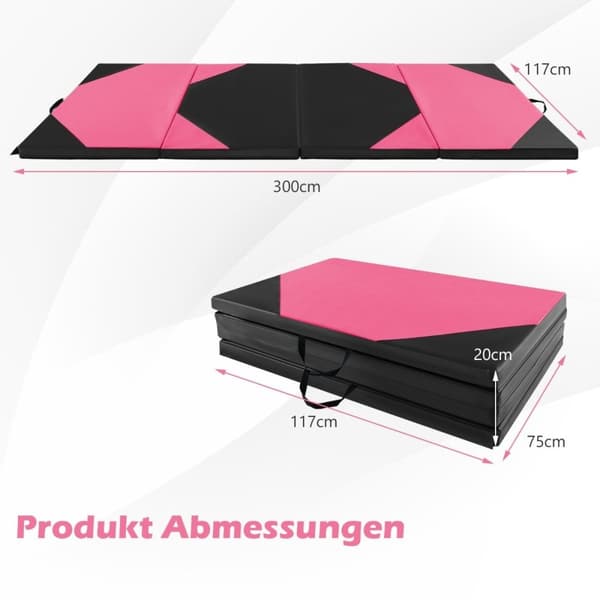 Taitettava harjoitusmatto, joka on valmistettu keinonahasta ja tarrakiinnitykset &amp; Kantokahvat 300 x 117 x 5 cm pinkki