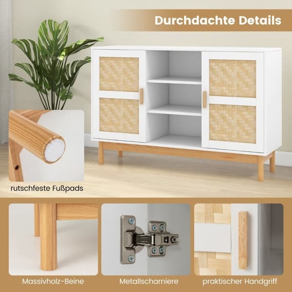 Træ buffet skab køkkenskab med 2 bambus låger & 3 åbne hylder 120 x 35 x 78 cm natur + hvid