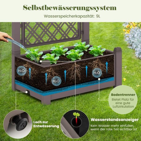 Høyseng med espalier, 3 nivåer høydejusterbar, blomsterkasse med espalier 76 x 45 x 150 cm kaffe