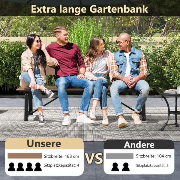 Hagebenk værbestandig 3-seters benk kan holde opptil 500 kg 183 x 52 x 85 cm brun