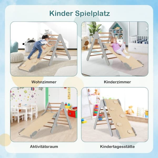 Klatretrekant med sklie, klatrestativ, innendørs fra 1 år, trekantklatrerampe laget av tre, grå