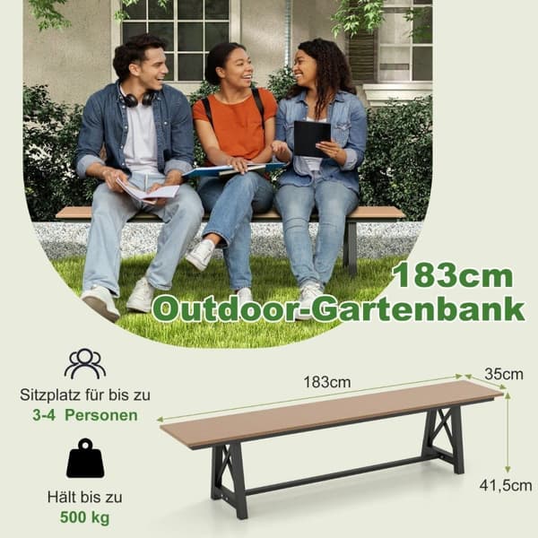 Hagebenk værbestandig 3-seters benk kan holde opptil 500 kg 183 x 35 x 41,5 cm brun