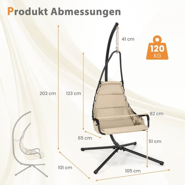 Hengestol med ramme &amp; Ekstra stort polstret sete &amp; Robust metallramme hengekøye beige