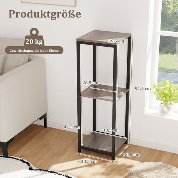 3-lags plantestativ i metall med tippebeskyttelse, blomsterstativ i tre 30,5 x 30,5 x 91,5 cm