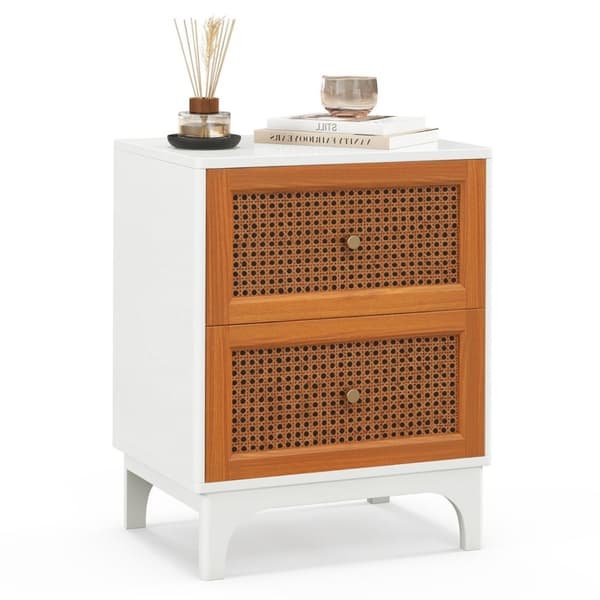 Nattbord nattbord i rotting med 2 skuffer sidebord med heltre ben 46 x 33 x 59,5 cm hvit + brun