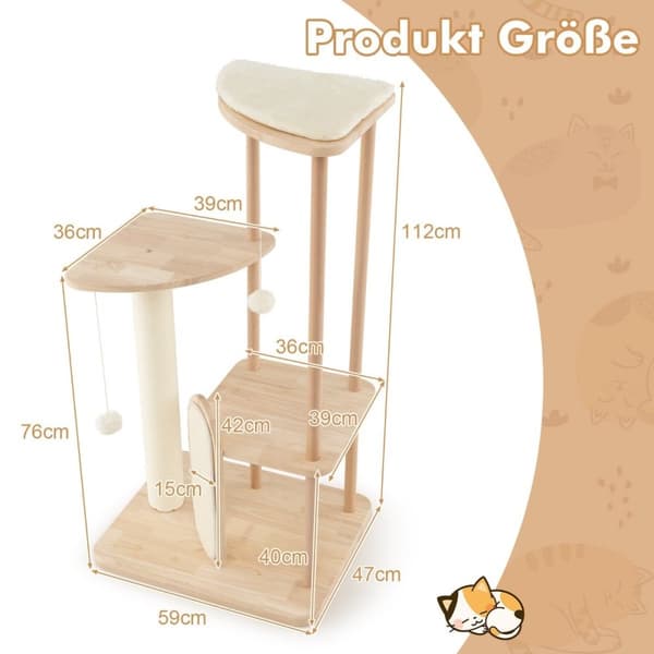 Träskrapstolpe flervånings katttorn med skrapbräda sisalstolpar vadderad sits 59 x 47 x 112 cm beige