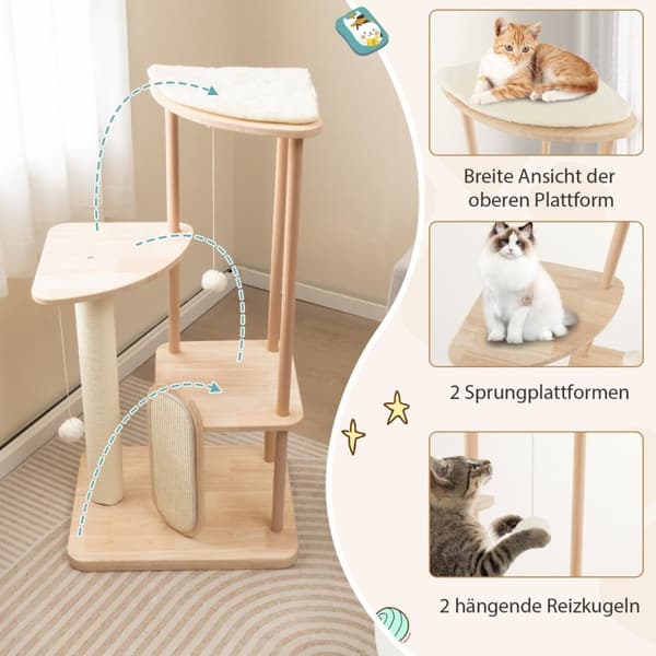 Träskrapstolpe flervånings katttorn med skrapbräda sisalstolpar vadderad sits 59 x 47 x 112 cm beige