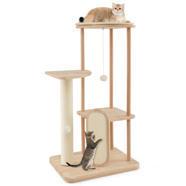 Träskrapstolpe flervånings katttorn med skrapbräda sisalstolpar vadderad sits 59 x 47 x 112 cm beige