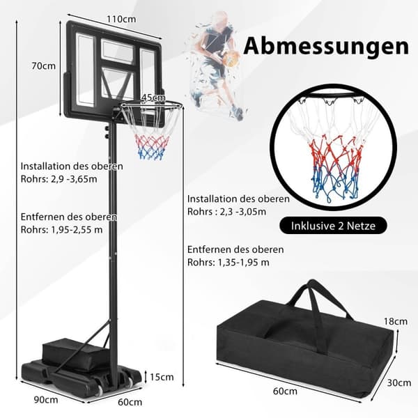 Utendørs basketballkurv med stativ og nett 135-305 cm høydejusterbart basketballstativ