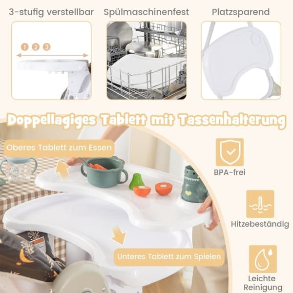 6 i 1 konvertibel barnestol med hvilefunksjoner &amp; Dobbeltbrett sammenleggbar barnestol Brun