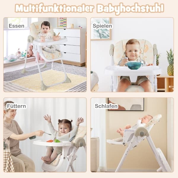 6 in 1 muunneltava vauvan syöttötuoli, jossa kallistustoiminnot &amp; Double Tray Taitettava syöttötuoli beige