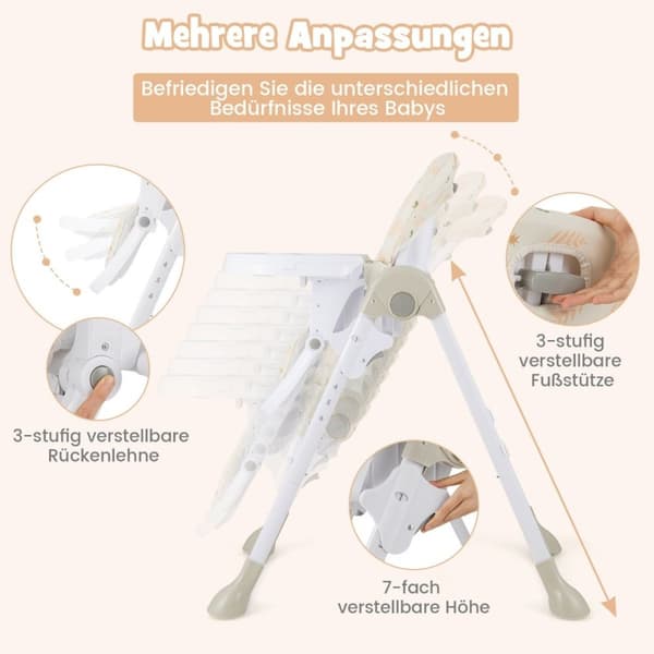 6 in 1 muunneltava vauvan syöttötuoli, jossa kallistustoiminnot &amp; Double Tray Taitettava syöttötuoli beige