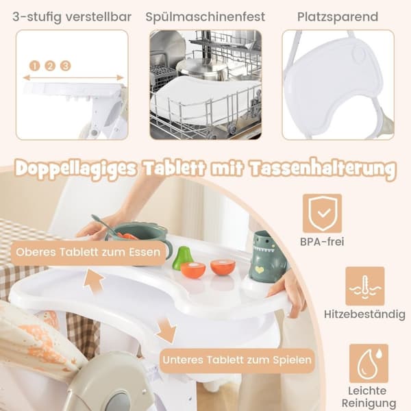 6 in 1 muunneltava vauvan syöttötuoli, jossa kallistustoiminnot &amp; Double Tray Taitettava syöttötuoli beige