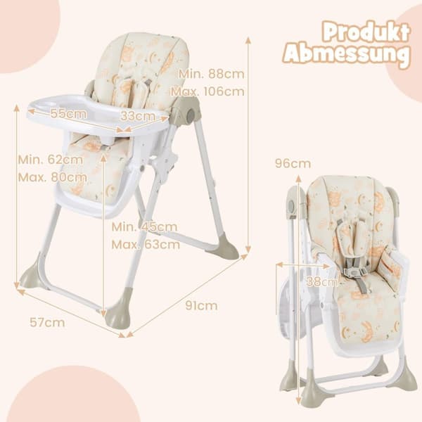 6 in 1 muunneltava vauvan syöttötuoli, jossa kallistustoiminnot &amp; Double Tray Taitettava syöttötuoli beige
